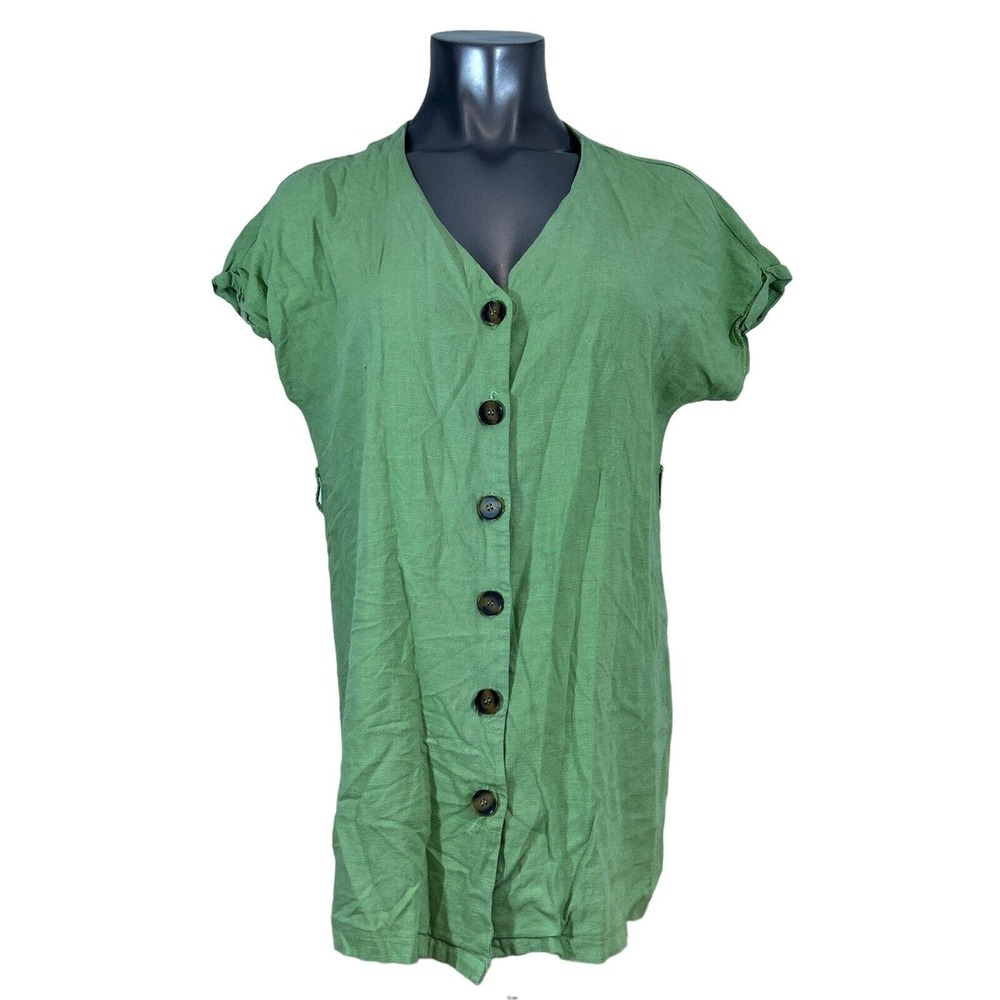 &Merci Women's Blouse Button Up Short Sleeve Linen Cotton Blend Green Size Small